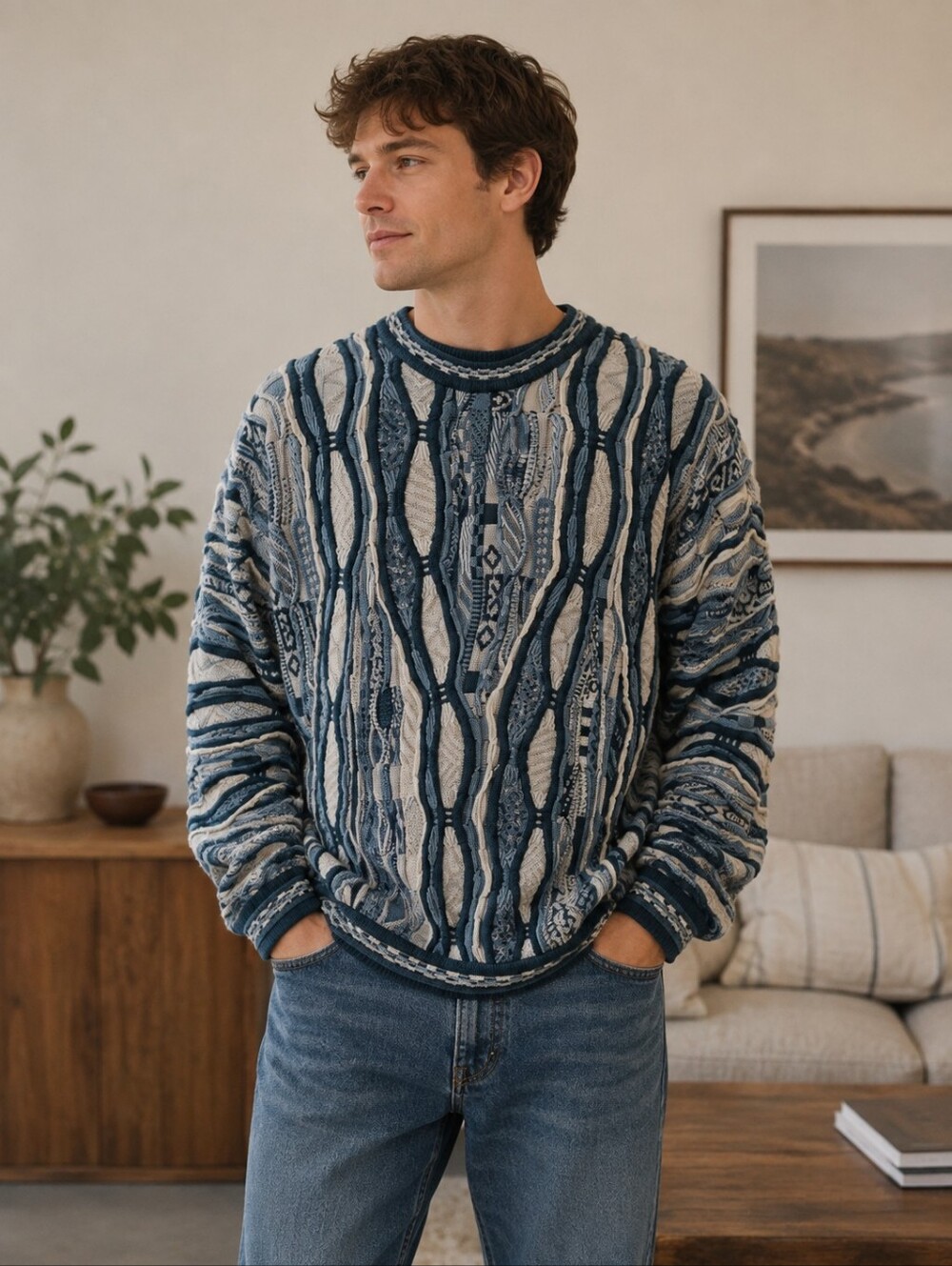 Tundra Blue and Cream Textured Knit Crewneck